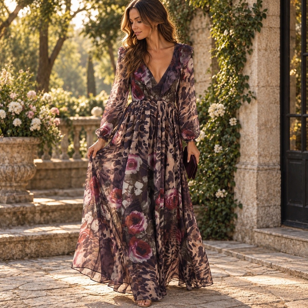 Giffini Women Leopard Floral Maxi Dress Large Purple V-Neck Long Sleeve Chiffon
